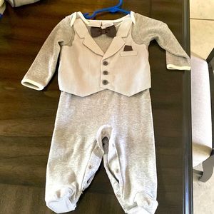 Gray and white pinstripe onesie